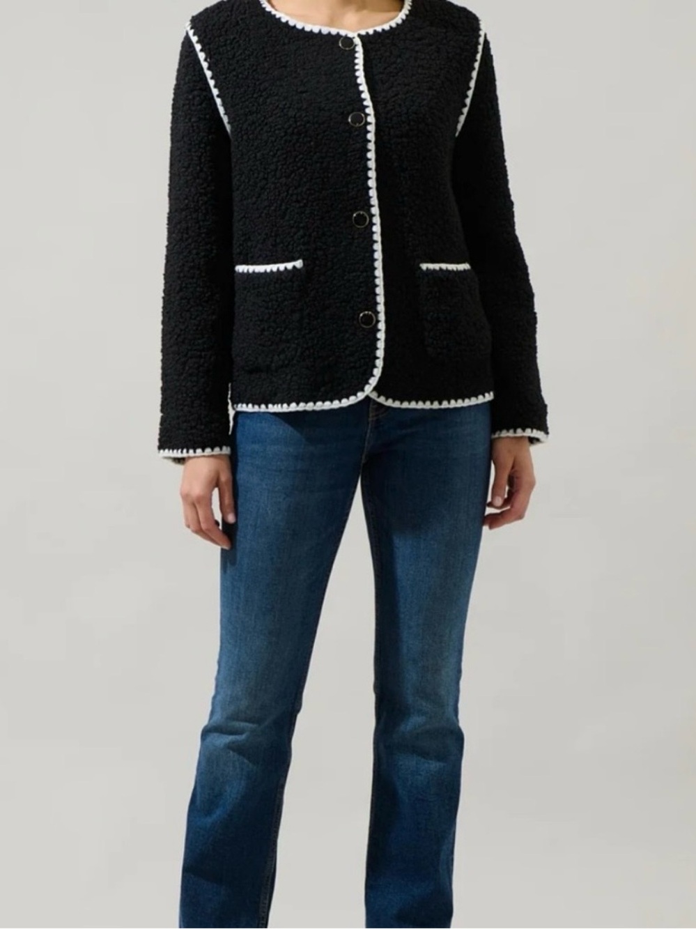 Sugarlips Roy Contrasting Button Up Jacket black fuzzy texture Size XS MSRP $89